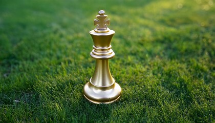 gold chess king positioned centrally on a vibrant green checkerboard grass background with ample copy space highlighting leadership and strategy