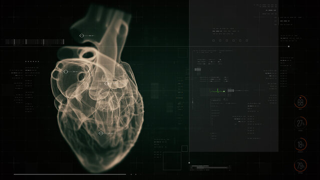 Biotech X-ray scan of human heart with digital HUD interface, cardiac metrics, and futuristic diagnostic overlays, creating a high-tech medical and anatomy visualization