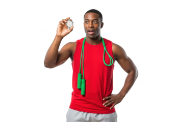 Man in red tank top holding stopwatch with jump rope around his neck