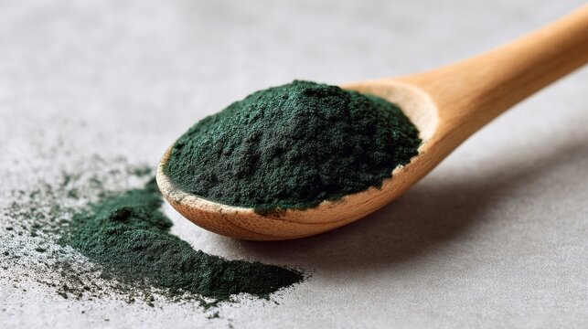 Wooden spoon filled with spirulina algae green powder, close-up view of healthy supplement