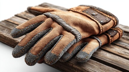 Rugged Work Glove Resting: A weathered, durable work glove rests on a rustic wooden plank, showcasing its robust construction and providing a sense of craftsmanship and protection.