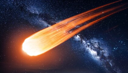Fiery Meteor Burning With Bright Orange Flames And Glowing Trails Against Dark Starry Space Background Cosmic Disaster And Celestial Phenomenon Concept