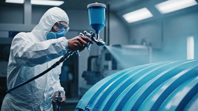 Skilled industrial worker in protective suit and respirator mask spray painting a large blue metal part
