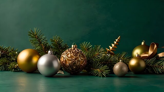 Asymmetrical Christmas composition with gold accents on green background

