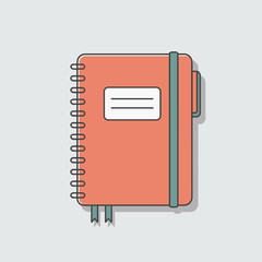 Stylish Flat Vector Illustration of a Spiral Notebook with Elastic Closure and Page Marker Ribbons for Design Projects