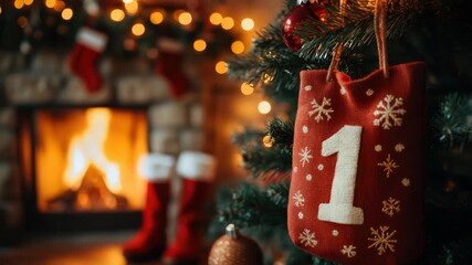 Warm and inviting winter holiday setting showcasing a beautifully decorated Christmas tree with a special advent calendar bag, twinkling lights, and a cozy fireplace in the background