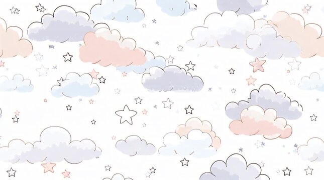 A whimsical pattern featuring watercolor-style clouds in light blues and pinks, interspersed with outlined stars on a white background