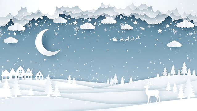 Winter wonderland Christmas night with Santa flying over snowy village paper cut isolated on white background