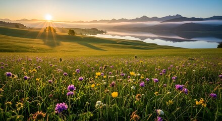  A tranquil field of wildflowers with towering mountains, highlighted by the gentle light of sunrise.