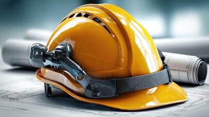 Building Safety: A close-up view of a new construction worker helmet with blueprints, emphasizing the importance of safety in building industry.