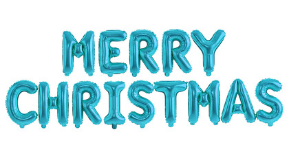 Turquoise Blue Metallic Foil Balloons Spelling Merry Christmas, Modern Festive Decoration Isolated on White
