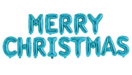 Turquoise Blue Metallic Foil Balloons Spelling Merry Christmas, Modern Festive Decoration Isolated on White