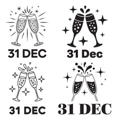 Set of New Years Eve champagne toast icons vector illustration for holiday celebration isolated on white background