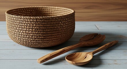 Woven basket and wooden salad serving utensils on a light blue wooden surface in a studio setting