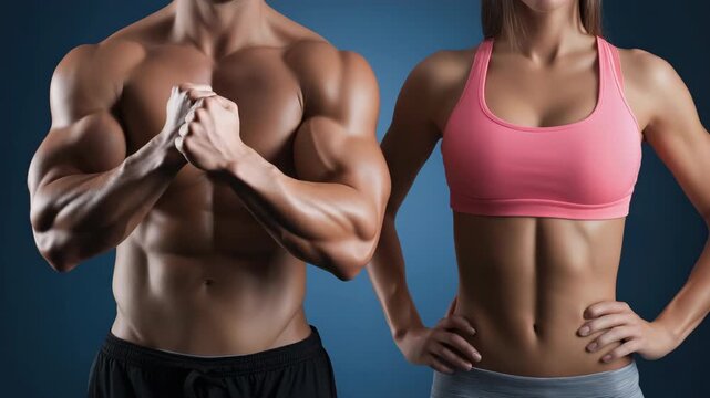 Muscular athletes showcase strength and unity in fitness poses with dynamic arm focus