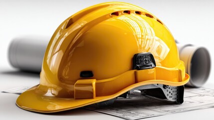 Safety First: A vibrant yellow safety helmet is prominently displayed, complemented by blueprints and rolled architectural plans, embodying the essence of construction and safety.