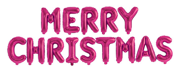 Magenta Pink Metallic Foil Balloons Spelling Merry Christmas, Bright Party Lettering Isolated on White