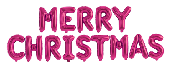 Magenta Pink Metallic Foil Balloons Spelling Merry Christmas, Bright Party Lettering Isolated on White
