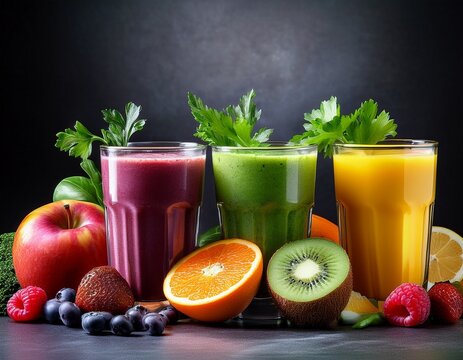 colorful array of smoothies in clear glasses with vibrant fruits and vegetables on dark background highlighting fresh ingredients and ample copy space