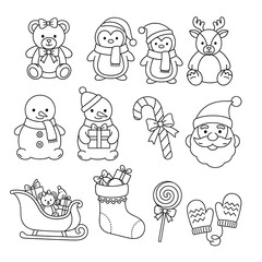 Winter holiday line art collection of christmas icons for design