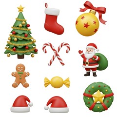 A vibrant assortment of Christmas icons featuring Santa Claus, a tree, and other festive elements.