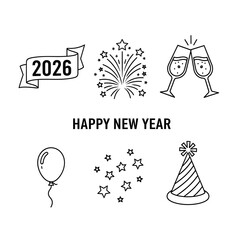 Fototapeta premium New year 2026 celebration icon set, festive line art collection
