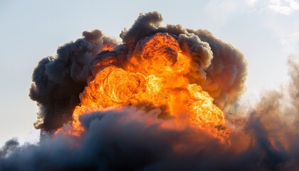 a dramatic display of dark smoke billowing around a vibrant burst of orange flames on light backdrop