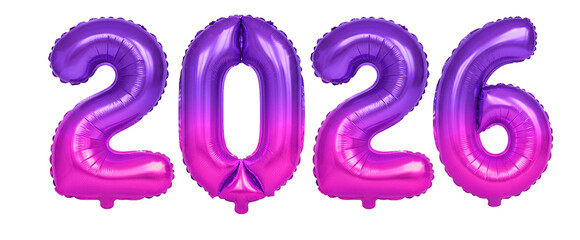 Vibrant Purple and Pink Ombre Foil Balloons Forming New Year 2026, Trendy Holiday Decoration Isolated on White