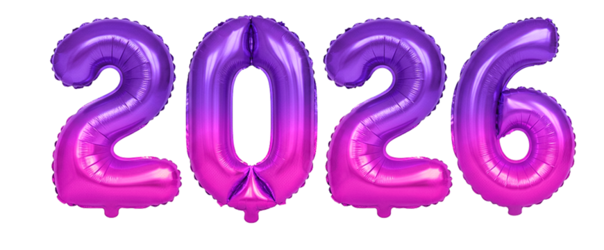 Vibrant Purple and Pink Ombre Foil Balloons Forming New Year 2026, Trendy Holiday Decoration Isolated on White