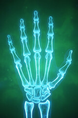 A futuristic x-ray style human hand with glowing green lines showcasing the skeletal structure, ideal for tech, medical, and educational content.