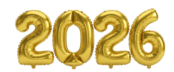 Luxurious Gold Metallic Foil Balloons Forming New Year 2026 Text, Shiny Party Decoration Isolated on White