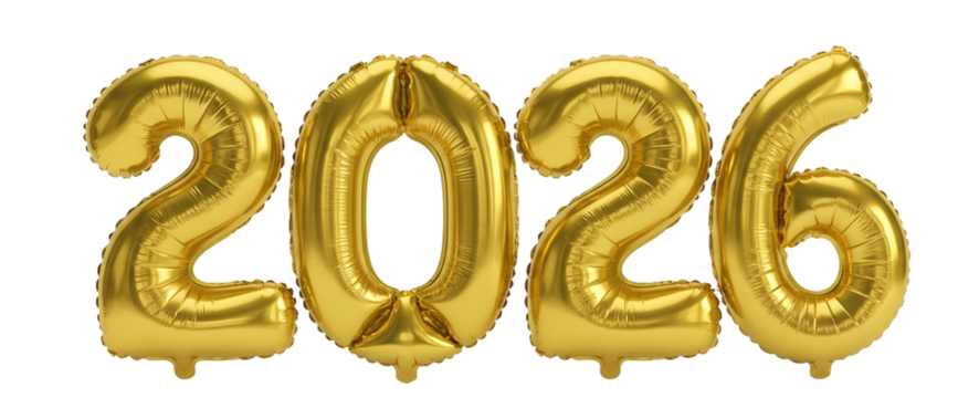 Luxurious Gold Metallic Foil Balloons Forming New Year 2026 Text, Shiny Party Decoration Isolated on White