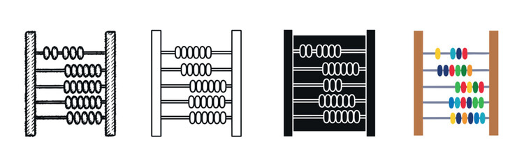 Set of four abacus icons showing different design styles including a hand-drawn sketch, clean line art, a solid black silhouette, and a colorful flat vector illustration