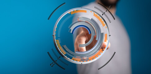 Abstract image of a person interacting with digital technology interface, touching a circular graphic, ideal for business and futuris
