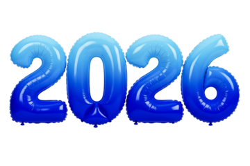 Cool Blue Gradient Foil Balloons Shaping New Year 2026 Numbers, Modern Festive Decor Isolated on White