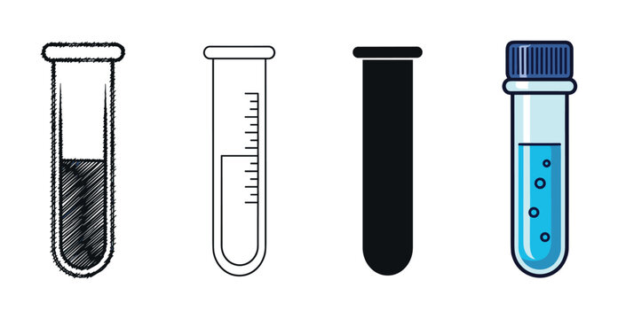 Collection of four test tube icons in various styles including a hand-drawn sketch, line art with measurements, a solid black silhouette, and a colorful cartoon vial