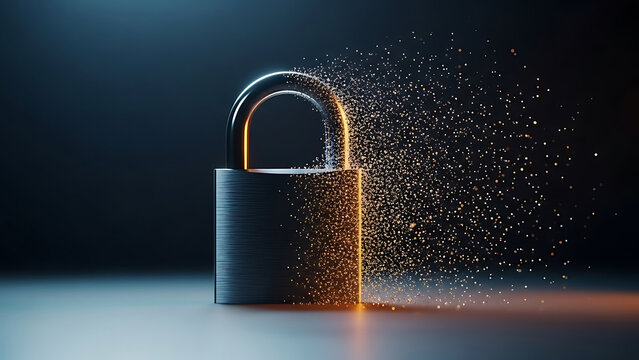 Cybersecurity Breach Concept with Disintegrating Padlock Symbol