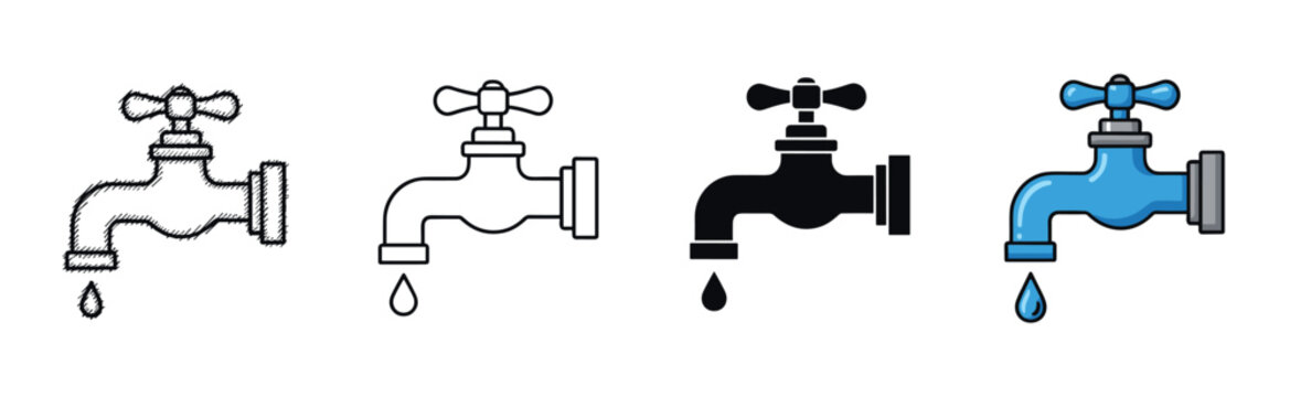 Set of water faucet icons in various styles including sketch, line art, silhouette, and color, each with a single dripping water drop for plumbing or conservation concepts