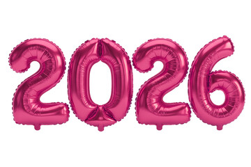 Bold Fuchsia Pink Foil Balloons Spelling New Year 2026, Stylish Party Typography Isolated on White