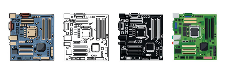 Set of four computer motherboard illustrations in various artistic styles including color cartoon, line art, negative silhouette, and flat vector design for technology concepts