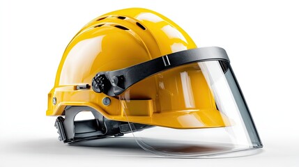 Protective Hard Hat: A detailed shot of a vibrant yellow safety helmet, showcasing its sturdy design and transparent visor, essential for workplace safety and protection.