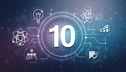 The number 10 as a digital concept, surrounded by a technological network of interconnected icons signifying innovation, scientific discovery, data analysis, and strategic progress
