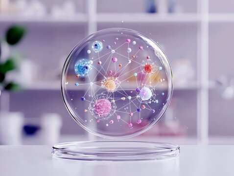 A 3D rendering of a glowing molecular network with interconnected colorful spheres inside a clear glass petri dish, set against a blurred laboratory background