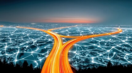 Dynamic urban intersection at night cityscape aerial view digital connectivity illuminated roads modern infrastructure
