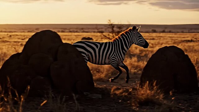 Striking Zebra Running Past Ancient Rocks Against the Vibrant Golden Sunset in the Vast African Savanna Wild Capturing Wildlife Beauty