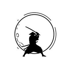 A dark silhouette of a samurai poised with a sword against a light background.