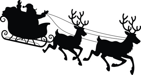Black silhouette of Santa Claus waving from his sleigh being pulled by flying reindeer, representing Christmas, holidays, and winter celebration.Black silhouette of Santa Claus waving from 