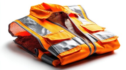 Safety Vest: Close-up of folded high-visibility orange safety vest with reflective stripes. Symbol of protection and preparedness.