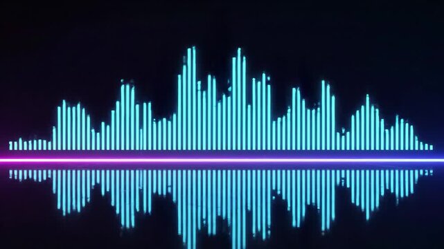 Abstract digital sound wave equalizer with glowing blue bars and vibrant pink reflection
