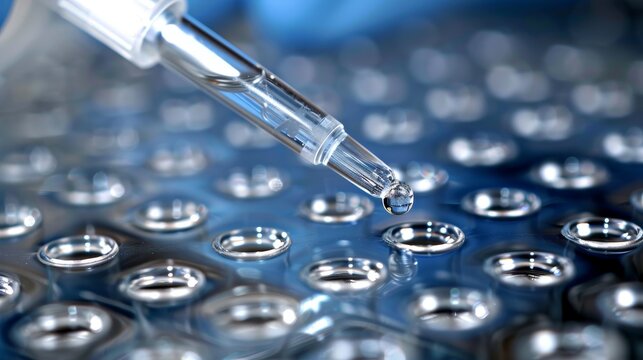 Medical and scientific research banner featuring pipette, test plate, and dna sample purification